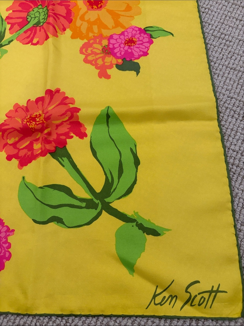 Vintage Ken Scott Bright Yellow Floral Scarf with Pink Orange Red Blooms - Picture 2 of 3
